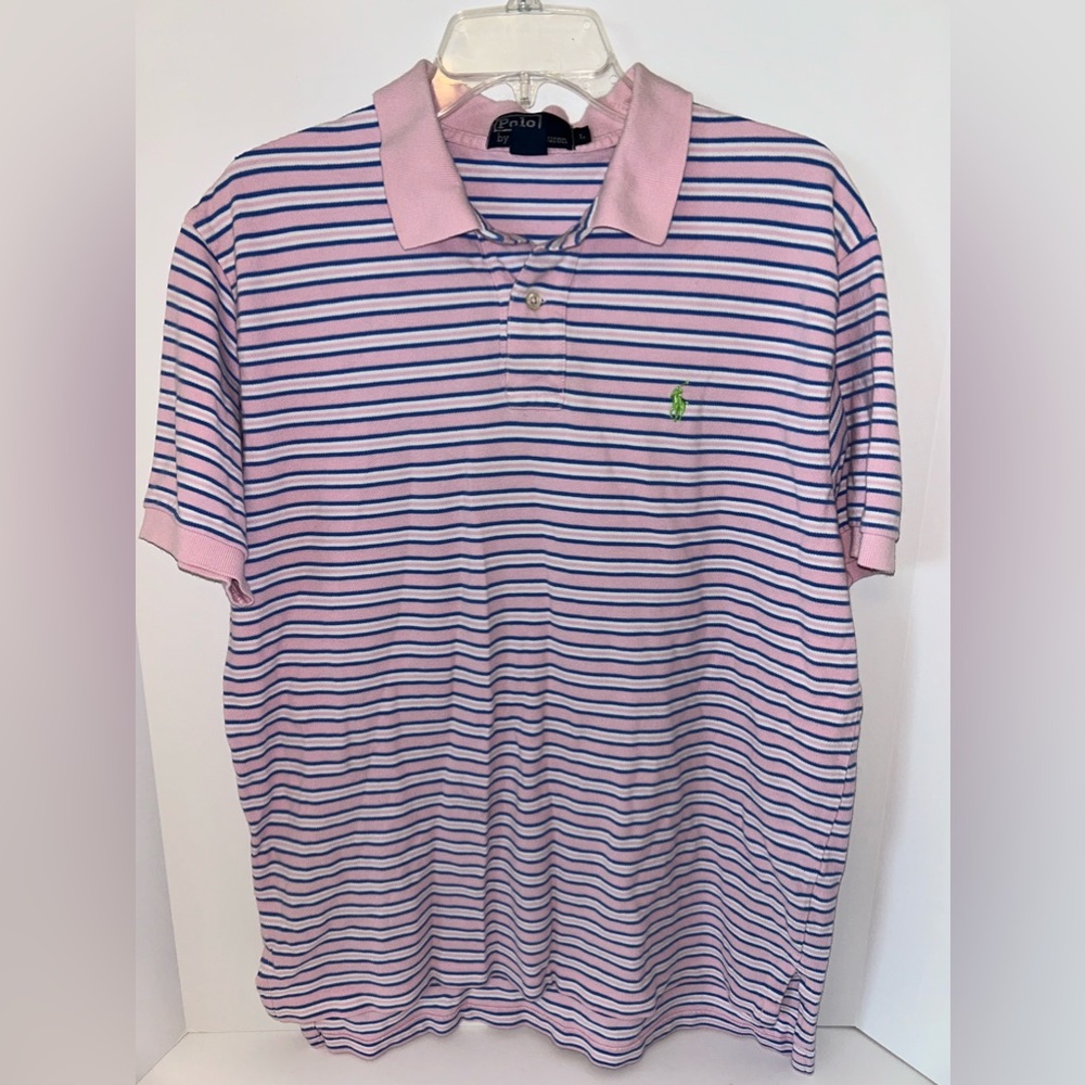 Polo Ralph‎ Lauren VINTAGE pink white blue stripe short sleeve polo size LARGE